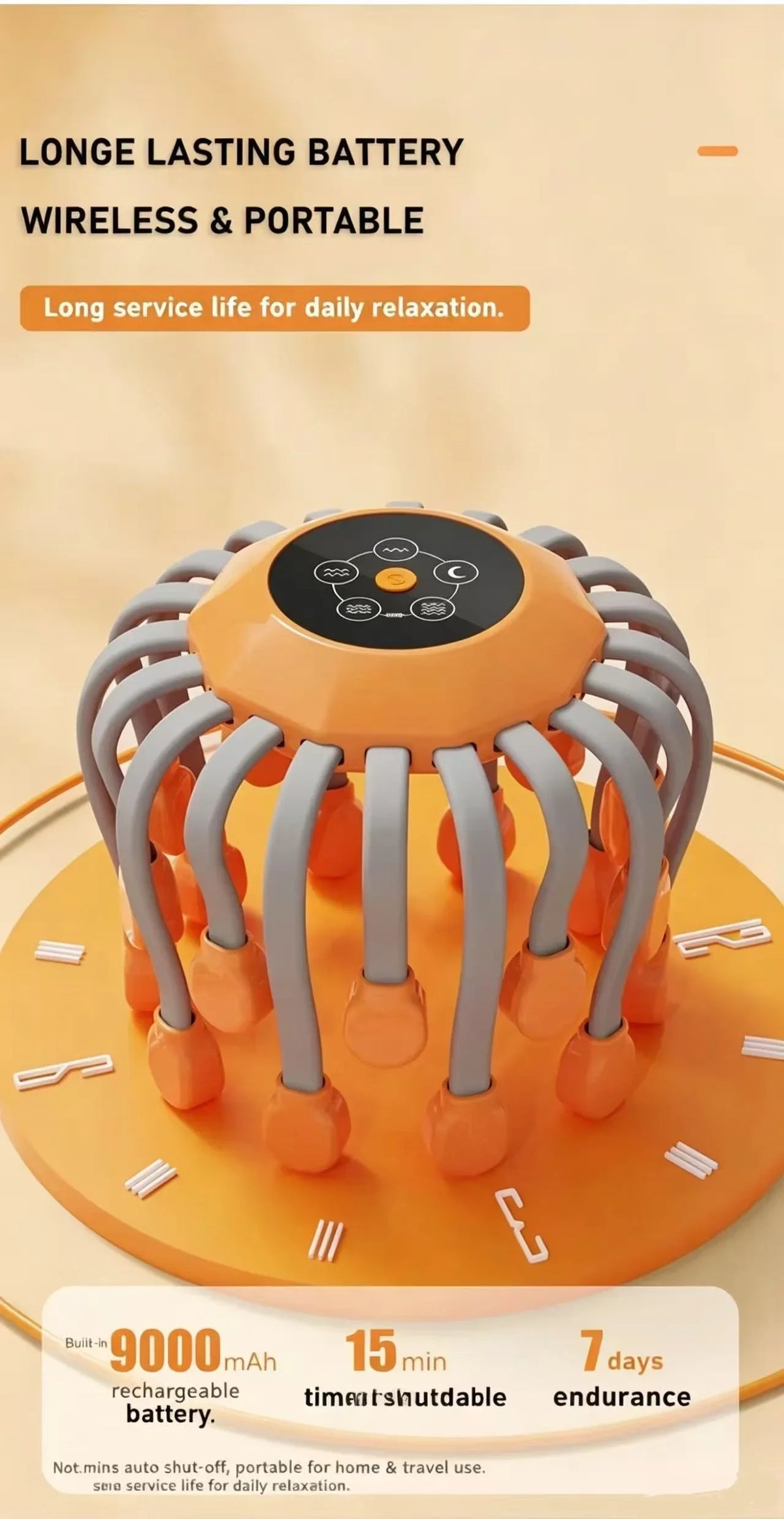 Revitalize Your Relaxation Routine with the Orange Octopus Head Massager - 10/20 Independent Massage Heads for Wireless Scalp Bliss!