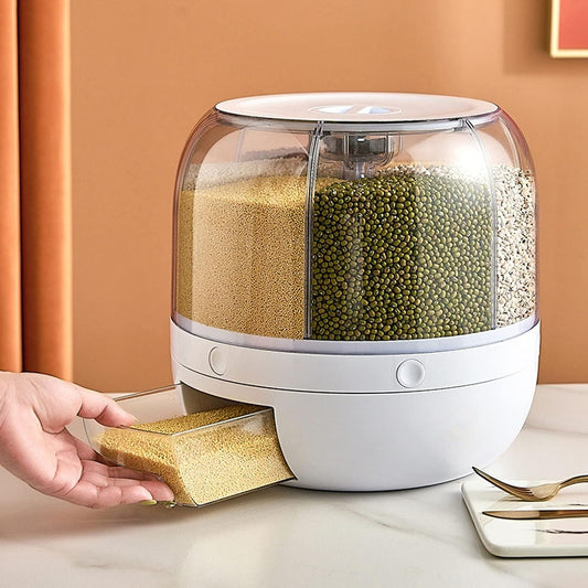 6-Grid 360° Rotating Rice & Grain Storage Container - Convenient 5kg Dry Food Dispenser with Lid for Your Home Kitchen
