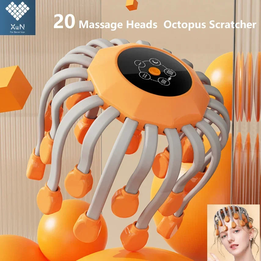 Revitalize Your Relaxation Routine with the Orange Octopus Head Massager - 10/20 Independent Massage Heads for Wireless Scalp Bliss!