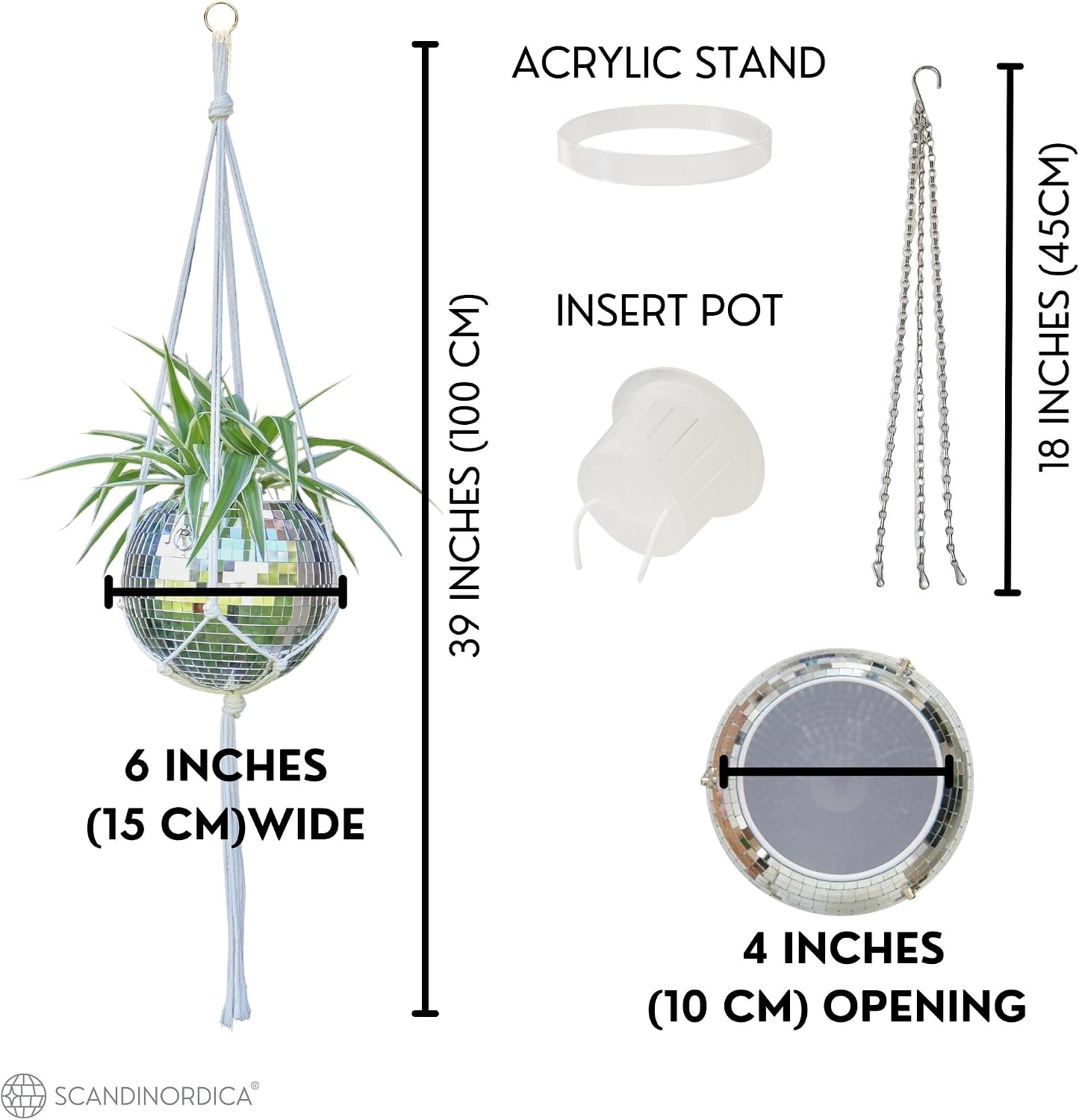 Elevate Your Space with the 6-Inch Silver Disco Ball Planter Set – Complete with Chain, Macrame Hanger, Acrylic Stand, and Self-Watering Insert