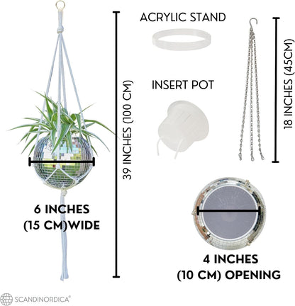 Elevate Your Space with the 6-Inch Silver Disco Ball Planter Set – Complete with Chain, Macrame Hanger, Acrylic Stand, and Self-Watering Insert