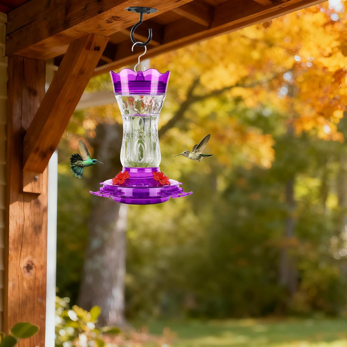 Enchant Your Garden with Our Purple Glass Hummingbird Feeder - Featuring Built-In Ant Moat, Leakproof Design & Bee Guard Ports - A Thoughtful Gift for Nature Enthusiasts