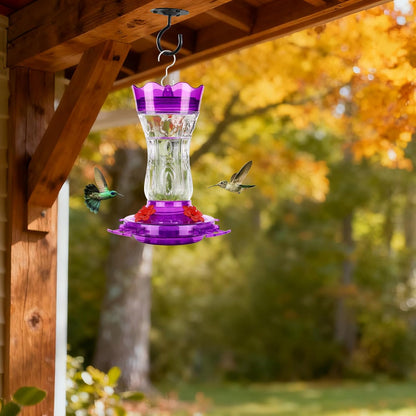 Enchant Your Garden with Our Purple Glass Hummingbird Feeder - Featuring Built-In Ant Moat, Leakproof Design & Bee Guard Ports - A Thoughtful Gift for Nature Enthusiasts