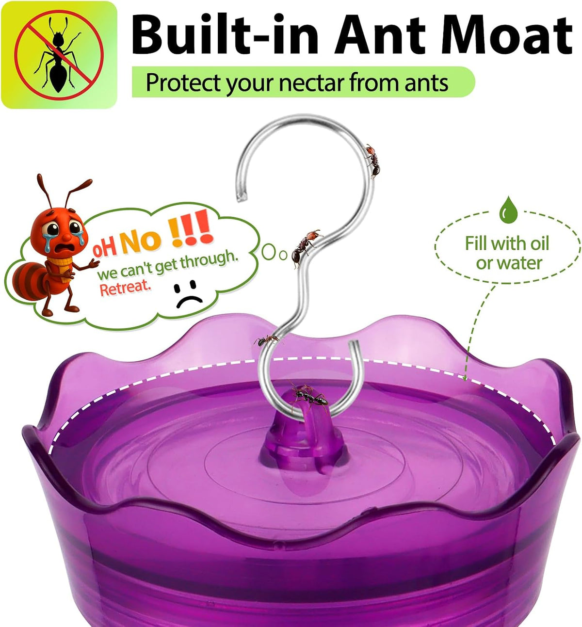 Enchant Your Garden with Our Purple Glass Hummingbird Feeder - Featuring Built-In Ant Moat, Leakproof Design & Bee Guard Ports - A Thoughtful Gift for Nature Enthusiasts