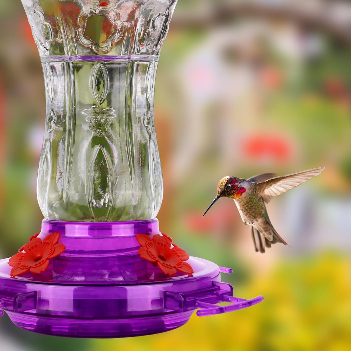 Enchant Your Garden with Our Purple Glass Hummingbird Feeder - Featuring Built-In Ant Moat, Leakproof Design & Bee Guard Ports - A Thoughtful Gift for Nature Enthusiasts