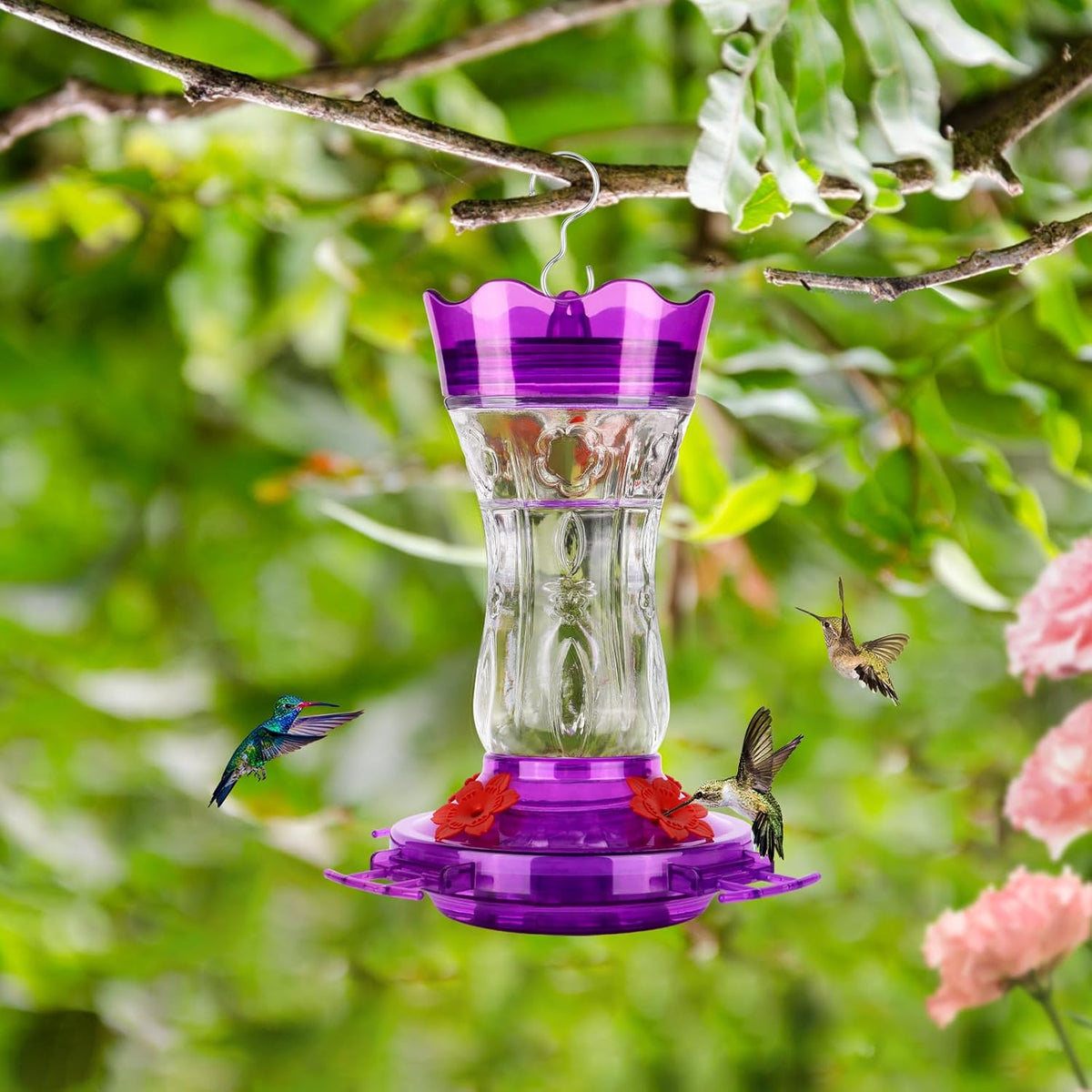 Enchant Your Garden with Our Purple Glass Hummingbird Feeder - Featuring Built-In Ant Moat, Leakproof Design & Bee Guard Ports - A Thoughtful Gift for Nature Enthusiasts