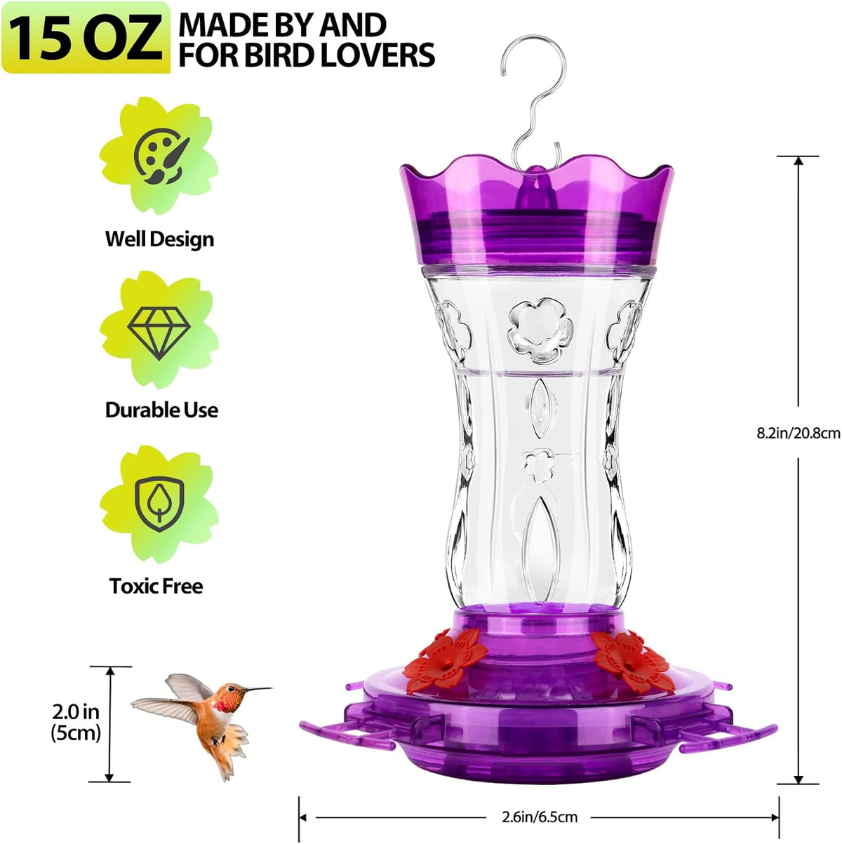 Enchant Your Garden with Our Purple Glass Hummingbird Feeder - Featuring Built-In Ant Moat, Leakproof Design & Bee Guard Ports - A Thoughtful Gift for Nature Enthusiasts