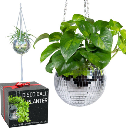 Elevate Your Space with the 6-Inch Silver Disco Ball Planter Set – Complete with Chain, Macrame Hanger, Acrylic Stand, and Self-Watering Insert