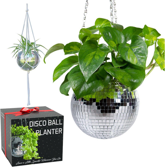 Elevate Your Space with the 6-Inch Silver Disco Ball Planter Set – Complete with Chain, Macrame Hanger, Acrylic Stand, and Self-Watering Insert