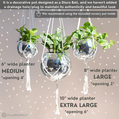 Elevate Your Space with the 6-Inch Silver Disco Ball Planter Set – Complete with Chain, Macrame Hanger, Acrylic Stand, and Self-Watering Insert