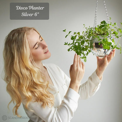 Elevate Your Space with the 6-Inch Silver Disco Ball Planter Set – Complete with Chain, Macrame Hanger, Acrylic Stand, and Self-Watering Insert
