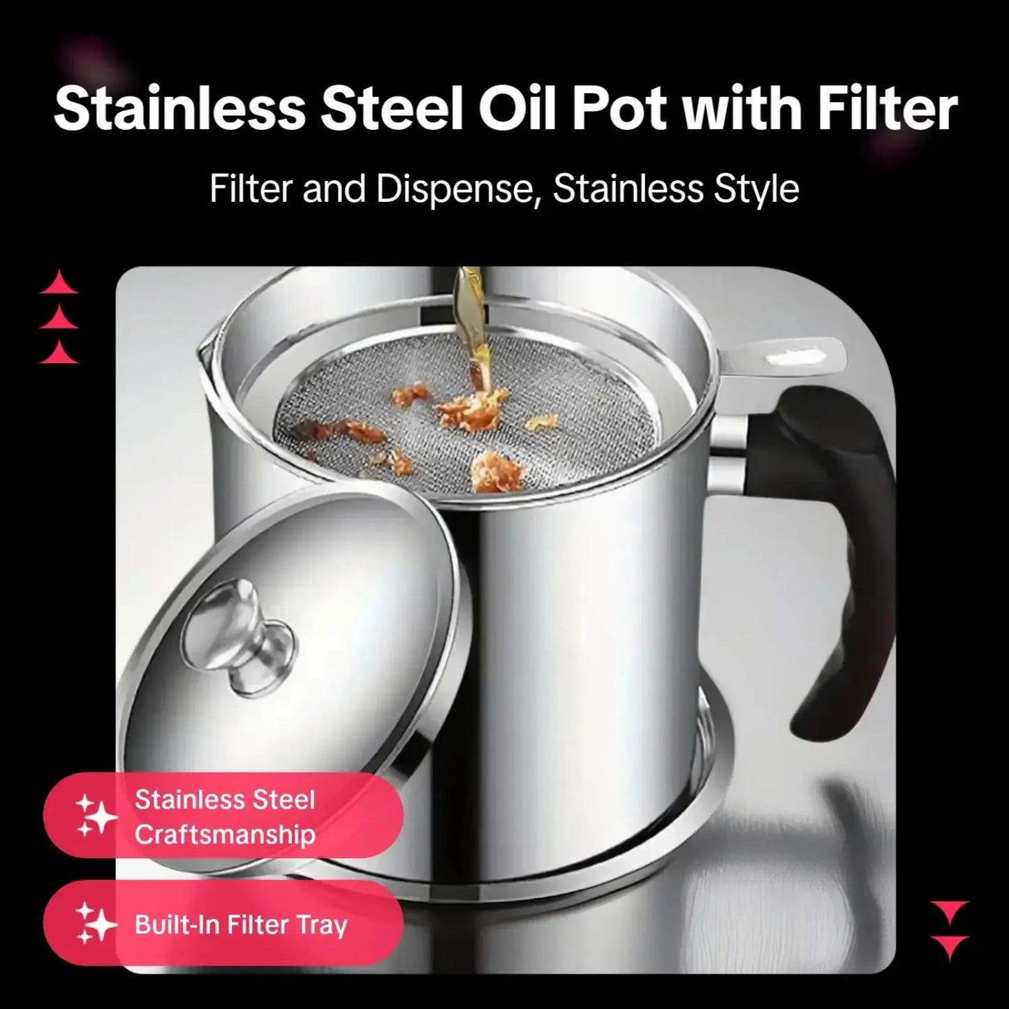 Elevate Your Cooking with Our Modern Stainless Steel Oil Dispenser - Includes Tray & Lid for Safe Storage and Easy Filtration
